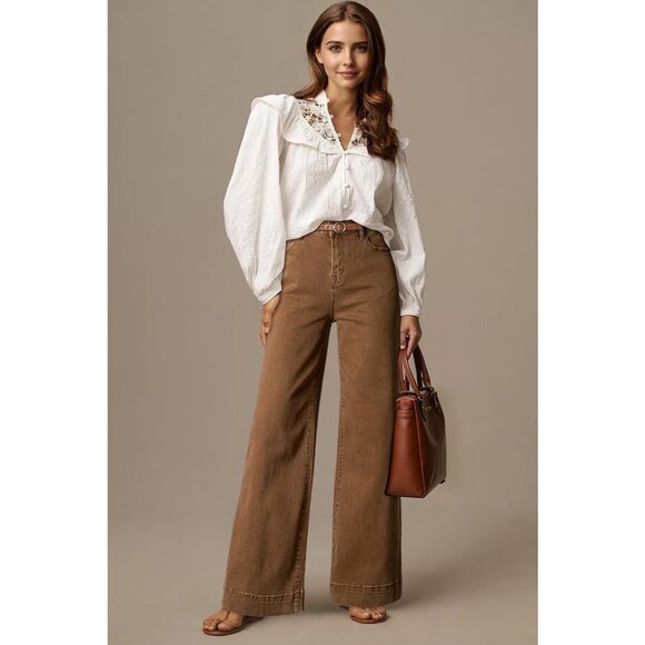 Women Casual High Waisted Wide Leg Denim Jeans Stretchy Loose Pant with Pockets - Picture 2 of 5